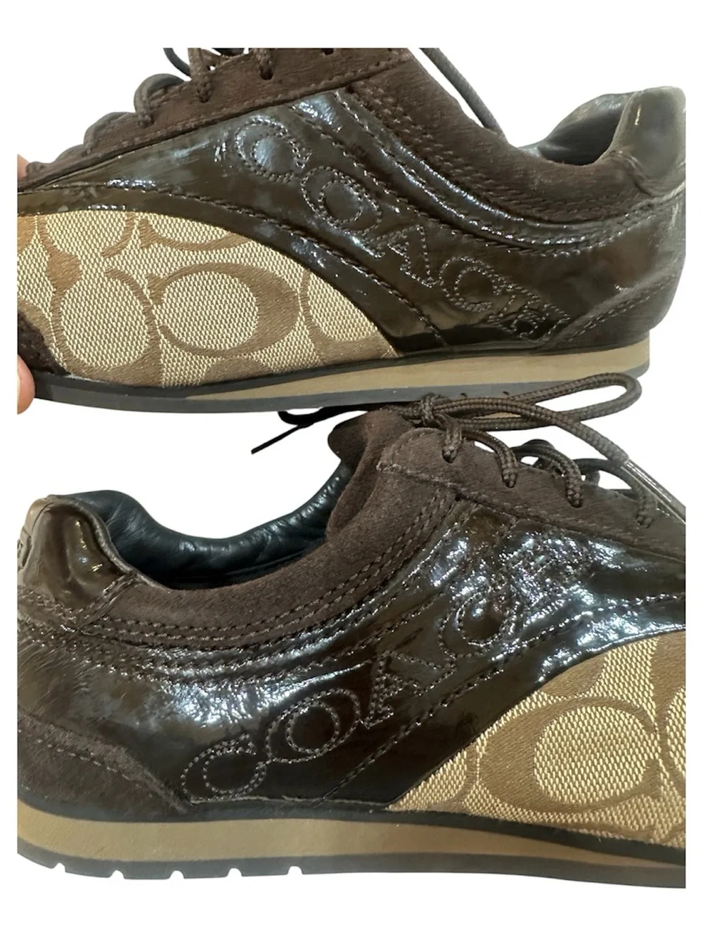 Coach Kodie Brown Signature C Canvas Suede & Patent Leather Sneakers 7.5 EUC